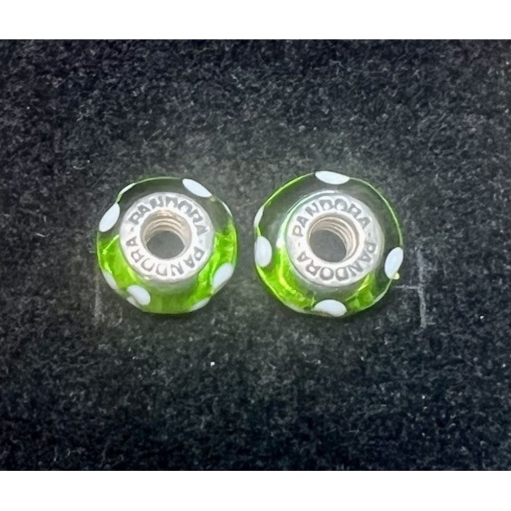 Pandora 925 ALE White Flowers Green Murano Glass Charms [x2] 790614 - Retired